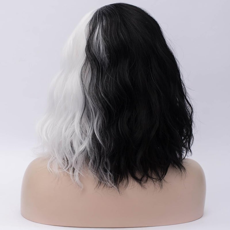 Cying Lin Short Bob Wavy Curly Wig Black and White Wig For Women Cosplay Halloween Wigs Heat Resistant Bob Party Wig Include Wig Cap (Black and White) - Image 2